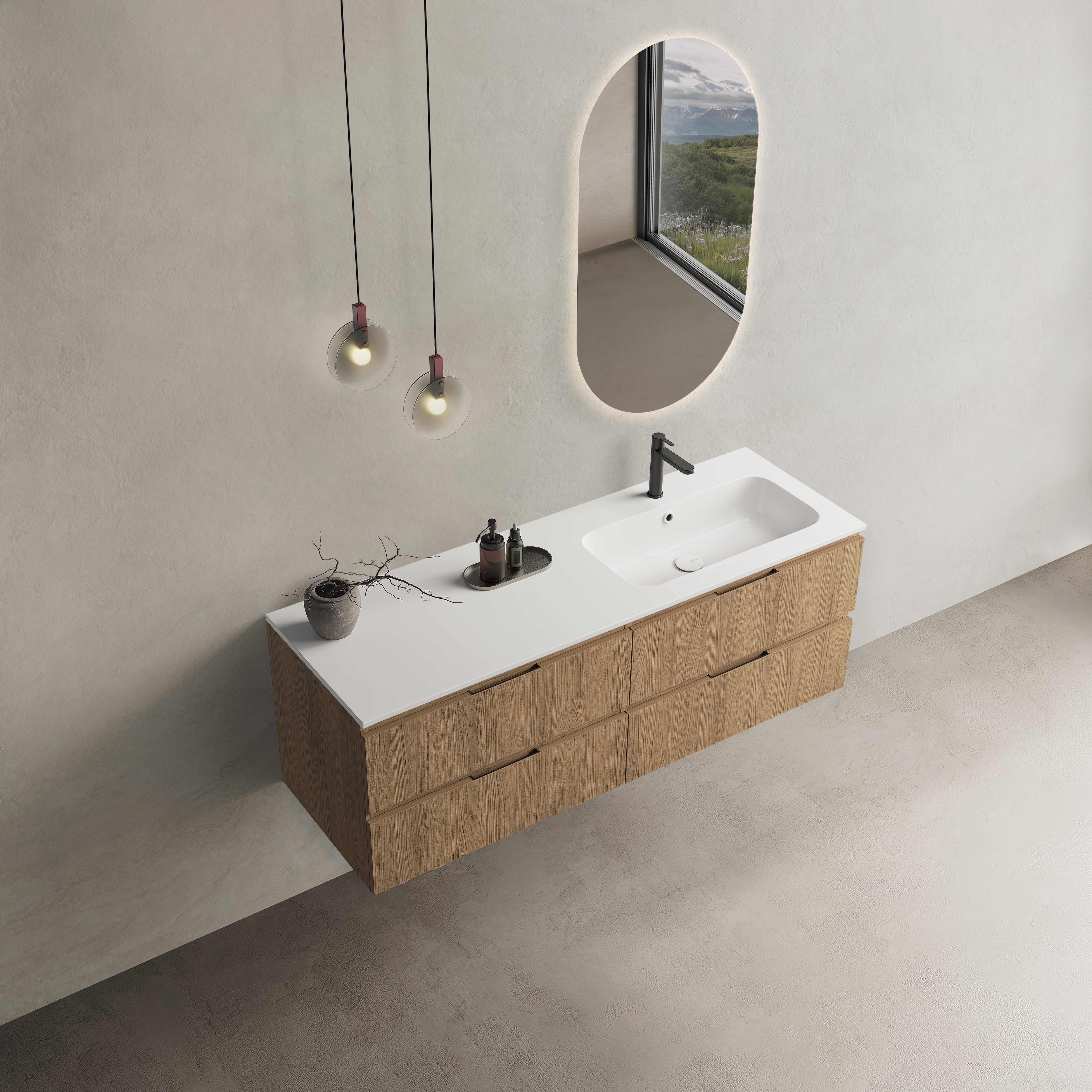 CODE 140x46x50 JOBBOS függesztett alsószekrény, 4 fiók, laminált (mosdó nélkül)